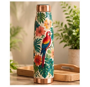 Designer Forest Green <b>White</b> Jasmine Floral Art Copper <b>Water</b> <b>Bottle</b> Copper Trim Portable Travel Drinkware - Product Image 2