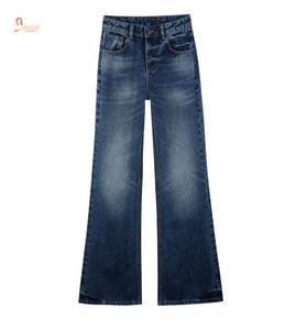 Jean en denim droit respirant à pois unis pour femme, taille mi-haute, style décontracté vintage - Product Image 1