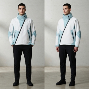 Chaqueta Cortavientos para Hombre, Color Blanco y Azul Claro, con Bloques de Color, Cierre Diagonal Completo, Chaqueta Deportiva para Exteriores - Product Image 4
