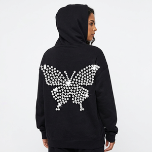 Sudadera con Capucha Negra Extra Grande para Hombre y Mujer, con Estampado de Mariposa con Pedrería en la Espalda, Estilo Hip Hop, Sudadera Informal - Product Image 3