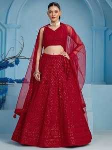 Vestido de Dama de Honor Rojo de Georgette con Lentejuelas Resham Bordadas, Traje de Fiesta de Boda para Mujer - Product Image 1