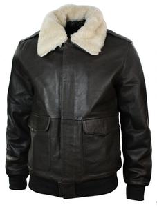 Men's Genuine <b>Leather</b> Bomber <b>Jacket</b> With Fur Collar Zipper Closure Solid Color Windproof <b>Winter</b> <b>Jacket</b> Available For Sale - Product Image 2