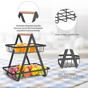 Panier de rangement à 2 niveaux, panier à fruits, étagère de rangement multifonctionnelle en métal pour comptoir de cuisine, bureau, organisateur de bureau, noir - Product Image 4