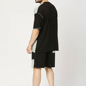 Econex Sports Men's Cotton Patchwork <b>Knitted</b> Breathable T-Shirt and Shorts <b>Set</b> Casual Summer Wear Black Gray Color Block Design - Product Image 3