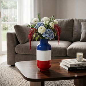 Nouveaux arrivages : vases en bambou tressé pour centres de table, vases pour fleurs, couleurs bleu/blanc/rouge, charme américain du Vietnam. - Product Image 2