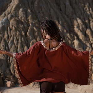 Loose Fit Cotton <b>Poncho</b> Top With Oversized Batwing Sleeves And Handcrafted Tribal Pattern Free Size - Product Image 3