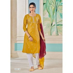 DISEÑADOR VISCOSA BORDADO TRABAJO TOP PANT CON DUPATTA AMARILLO - Product Image 1