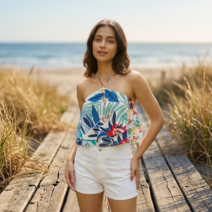 Blusa sin mangas estilo bohemio para mujer, cuello redondo, estampado floral asimétrico, corte holgado, transpirable, tejido, para primavera/verano - Product Image 4