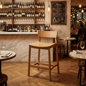 Tabouret de bar moderne en bois massif rembourré, dossier bas, assise de comptoir en bois naturel, mobilier de restaurant - Product Image 5