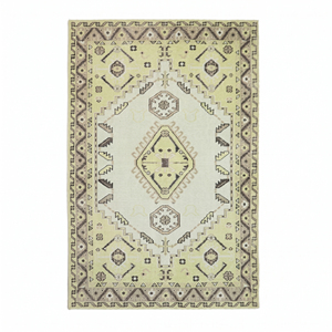 Tapis d'appoint en laine tufté à la main, motif géométrique médaillon vert clair vieilli, antidérapant, avec envers écologique, à poils moyens, pour hôtel - Product Image 1