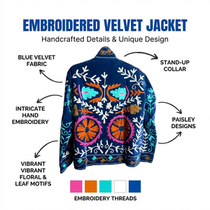 เสื้อแจ็คเก็ตวาร์ซิตี้ทำมือจากผ้าทวีดสำหรับผู้หญิง แห้งเร็ว คอจีน สไตล์โบฮีเมียนเก๋ไก๋ ลายดอกไม้  เสื้อโค้ทฤดูหนาวสไตล์ชาติพันธุ์  เสื้อคลุมสไตล์ดั้งเดิม - Product Image 6