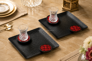Ensemble de service multifonctionnel 3 pièces traditionnel en fibres végétales, motif nature morte, plateaux rectangulaires noirs, sous-verres rouges, décoratif - Product Image 3