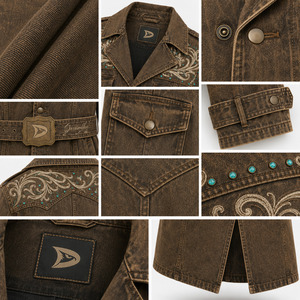 Manteau long en jean pour homme style western, marron tabac délavé, brodé, avec ceinture - Product Image 4