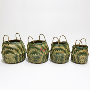 Paniers de rangement en feuilles de palmier avec poignées, rustiques, multi-usages, en forme de bol, vert beige, motif tressé - Product Image 6