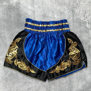 Thai Boxing Shorts Blue Black Gold Embroidered Muay Thai Fight Wear Unisex Adult Regular Fit 100% Polyester <b>Stretch</b> Durable - Product Image 2