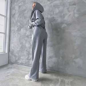 Ensemble de survêtement gris oversize pour femme, léger, avec haut court corset à capuche, pantalon de jogging, fermeture éclair manches longues, couleur unie, décontracté - Product Image 2