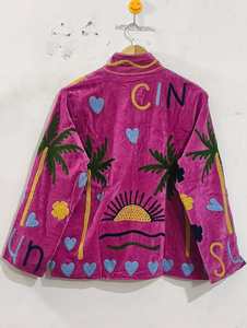 Pink <b>Velvet</b> Cotton Suzani Embroidered <b>Jacket</b> <b>Women</b> Handmade Tropical Sun Palm Heart Boho Ethnic Fashion Coat Wholesale - Product Image 2