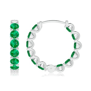 Élégantes boucles d'oreilles créoles émeraude taille ronde, effet inversé |   Bijoux fins personnalisés de mariage en or blanc 14 carats, cadeau pour fiancé - Product Image 2
