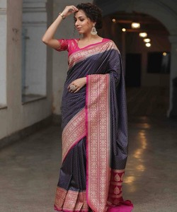 Traditional Indian Silk Saree With Pink Border And Polka Dot Design For Wedding Wear Women's <b>Floor</b>-Length Sari - Product Image 2