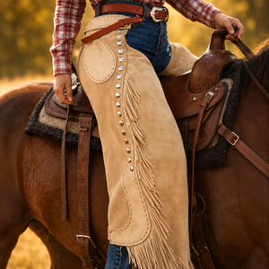 CLOSITWEAR Chaps Vaqueros Unisex de Cuero Genuino Estilo Vaquero Nuevo, Pantalones Largos de Montar a Caballo de Cintura Media con Flecos para Equitación y Rodeo - Product Image 2