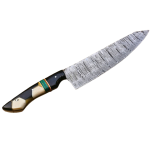 Couteau de chef à motif Damas argenté avec manche géométrique noir et crème, accent rayé multicolore, lame fixe, couteau de cuisine pour trancher - Product Image 2