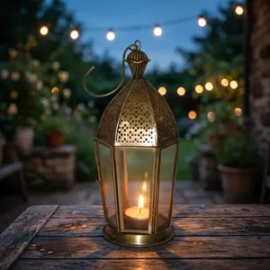 Farol Hexagonal de Latón con Paneles de Vidrio, Decoración Duradera para el Hogar - Product Image 6