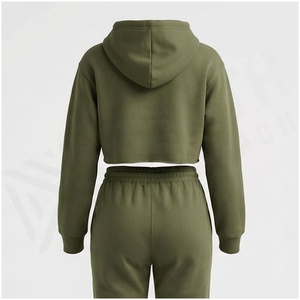 Women Olive Green Hooded Cropped Sweatshirt & <b>Matching</b> <b>Jogger</b> Pants <b>Set</b> Casual Tracksuit Full Sleeve Solid Color Drawstring - Product Image 2