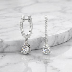 Boucles d'oreilles pendantes Huggie linéaires avec diamants en forme de poire et de diamants ronds, 1,20 CTW - Product Image 1