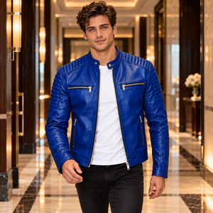 Veste en cuir véritable pour homme, style vintage, avec détails matelassés sur les manches, surface gaufrée, ourlet ceinturé, collection streetwear moderne - Product Image 1