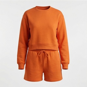 Ensemble 2 pièces en molleton orange pour femme : Sweat-shirt à col rond et manches longues coupe ample et short au-dessus du genou, couleur unie, style décontracté - Product Image 1