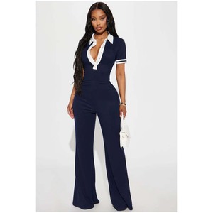 Wholesale Elegant <b>Slim</b> Fit Elastic Contrasting Color Lapel Jumpsuit Women's Fashionable and Sexy Plus Size Casual Jumpsuit - Product Image 6