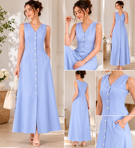 Robe midi sans manches à col en V pour femmes |   Robes d'été décontractées en lin et coton bleu clair, à boutons sur le devant et ourlet évasé - Product Image 4