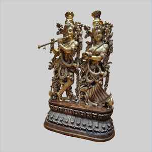 Statue artisanale en laiton de Radha Krishna avec vache et paon, idole traditionnelle du couple divin hindou pour la décoration intérieure et le Vastu - Product Image 6