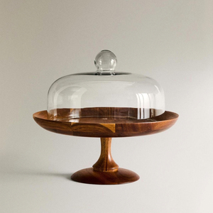 Support à gâteau en bois avec dôme en verre, plateau de service pour desserts, plateau de présentation de fromages pour la table à manger - Product Image 1