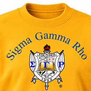 Sudadera de Cuello Redondo Amarillo Dorado de Sigma Gamma Rho con Gráfico del Escudo de la Hermandad y Letras Azules, Sudadera Informal - Product Image 5