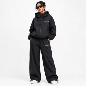 Vocksin <b>Women's</b> Black Waterproof Quick Dry Winter Hooded Windbreaker Tracksuit Lightweight Zipper <b>Jacket</b> Wide Leg Pants Set - Product Image 1
