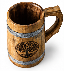 Jarra de Cerveza Hecha a Mano de Madera de Mango y Acacia, Certificada por Lfgb, Estilo Rústico de Taberna, con Cuerdas y Grabado del Árbol de la Vida - Product Image 4