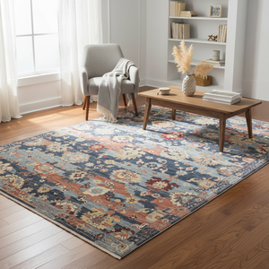 Alfombra Delgada de Lana Pura Anudada a Mano, Resistente a las Arrugas, de Pelo Bajo, con Diseño Floral Oriental Azul y Rojo Óxido para Sala de Estar Moderna - Product Image 1