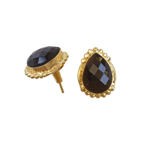 Boucles d'oreilles clous vintage plaqué or onyx pour femme, serties de pierres en forme de poire, en laiton, bijoux de mode - Product Image 2