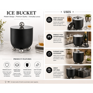 Astro Bar <b>Ice</b> Bucket By Trading Company Featuring Matte Black Finish Insulated Double Wall Polished Metal Lid Use For Parities - Product Image 5