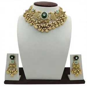 Heavy Choker Necklace <b>Set</b> with Green Stone Center Coin <b>Beads</b> and Matching Earrings Traditional <b>Set</b> - Product Image 3