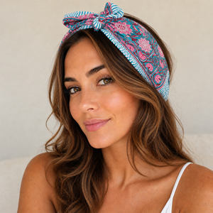 Craftjaipur Foulard de plage multifonctionnel décontracté d'été écologique en coton floral, bandana carré à motifs rose, bleu et blanc - Product Image 1