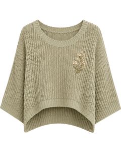 Pull court en tricot vert olive pour femme, coupe ample, manches courtes, léger et respirant, idéal pour l'été, style décontracté et tendance - Product Image 1