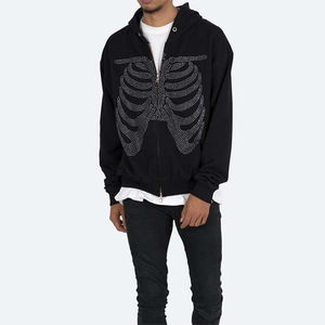 Sudadera con capucha de lujo con logotipo personalizado, diseño de esqueleto y pedrería, para hombre, blanca, con cremallera completa, máscara de esquí, tejido French Terry de alto gramaje - Product Image 5