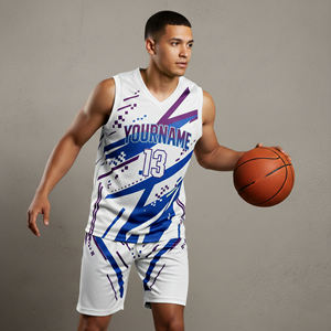 Camiseta de Baloncesto Sublimada Personalizada para Hombre, Cuello en V, Sin Mangas, Blanca, Azul y Morada, Estampado Geométrico, Absorbe la Humedad, Ajuste Atlético - Product Image 6