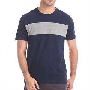 T-shirt à manches courtes bleu marine pour homme avec bande contrastante grise, col rond, coupe classique, décontracté, en jersey de coton tricoté, pour tous les jours - Product Image 5
