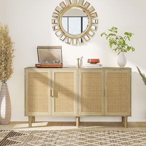 Credenza Artigianale Bohemien da 158 cm con 4 Ante in Rattan e Ripiani per Soggiorno o Corridoio in Stile Rustico, Legno Naturale - Product Image 2