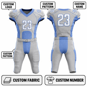 Ensemble Maillot et Pantalon de Football Américain Personnalisé Sublimé pour Homme – Col en V, Gris Bleu, Anti-humidité, Coupe Ajustée - Product Image 1