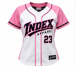 Camiseta de Béisbol para Mujer Index Apparel, Blanca y Rosa, Cuello en V, Manga Corta, Cierre de Botones, Ajustada, con Estampado Sublimado 23 - Product Image 1