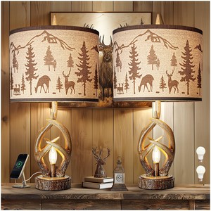 <b>Pine</b> Wood Carved Antler <b>Table</b> Lamp Base with Wildlife Motifs | Wholesale - Product Image 3